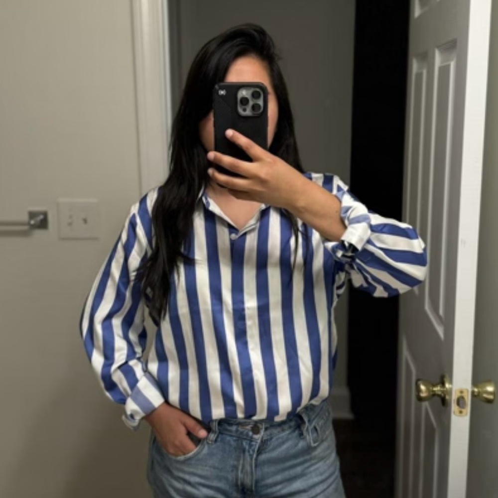 A New Day Navy and Cream Striped Blouse